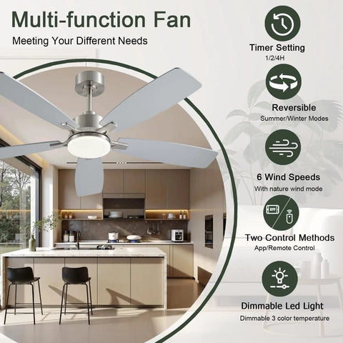 FUMLTP 52 inch Modern Ceiling Fans with Lights APP/Remote Control, Nickel in a modern kitchen with gray blades.