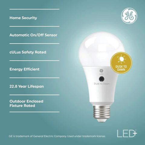 Outdoor Dusk To Dawn A21 LED Light Bulbs 13W 3 Pack With Automatic On Off Soft White Finish E26 Medium Base displayed with features