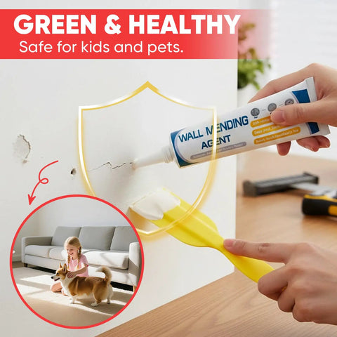Person using Drywall Patch Repair Kit For Diy Home Fixes With 150g Wall Mending Paste, Scraper And Nozzle Tip on cracked wall