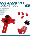 Heavy Duty 9 Piece Camshaft Timing Tool Set With Slick Anti Slip Grip And Smooth Thread Lock Universal Sprocket Retainer For Quick Engine Dial In No Sweat Garage Fix - compact red camshaft locking tool with black knobs and precision fittings.