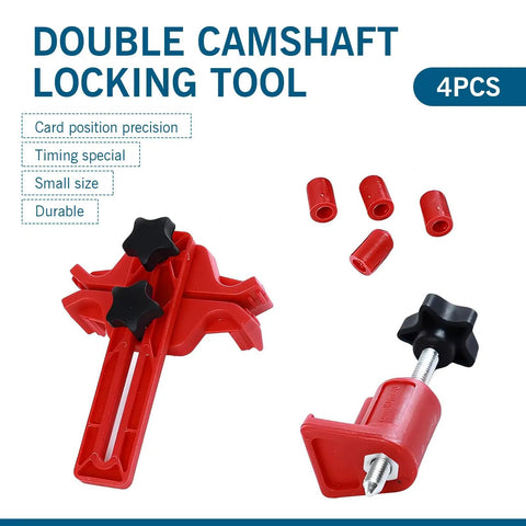 Heavy Duty 9 Piece Camshaft Timing Tool Set With Slick Anti Slip Grip And Smooth Thread Lock Universal Sprocket Retainer For Quick Engine Dial In No Sweat Garage Fix - compact red camshaft locking tool with black knobs and precision fittings.