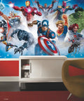 Avengers Gallery Blue Peel And Stick Wall Mural above modern furniture, vibrant superhero design for kids rooms