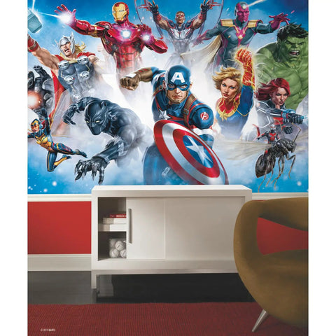 Avengers Gallery Blue Peel And Stick Wall Mural above modern furniture, vibrant superhero design for kids rooms