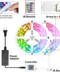 50 Ft Bluetooth RGB LED Strip Lights With SMD5050 Chips, Music Sync, remote, power adapter, and controller components