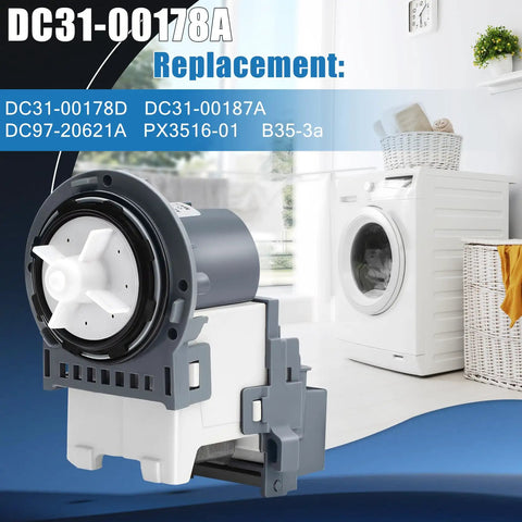 Washer Drain Pump Replacement For Samsung PX3516 01 DC31 00178A Replaces DC31 00187A shown with washing machine.