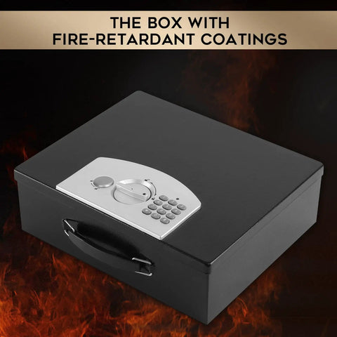 Rugged Portable Metal Safe Box With Digital Code Lock For Documents And Valuables Fire Resistant Safe For Car Home Office And Outdoor Use Large Black Security Box with digital keypad visible in black fireproof metal design.