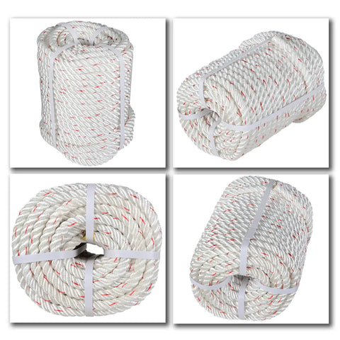 5/8 Inch By 150 Ft Double Braid Polyester Rope For Arborist And Sailboat Use, rolled and stacked, white with red accents