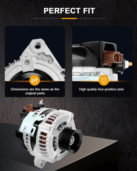Plug-N-Go Alternator Replacement For Toyota Avensis 2.0 1AZ-FSE, side and close-up views showing dimensions and four-position pins