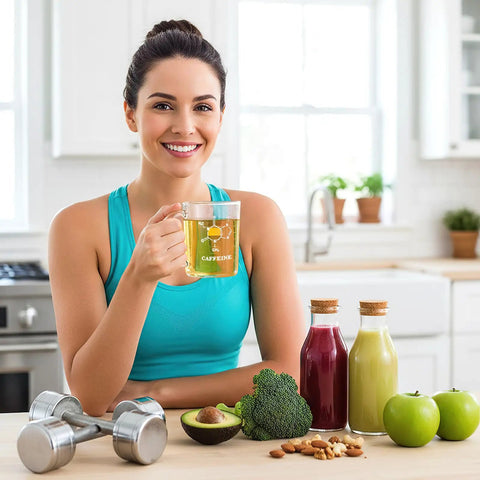 Woman holding Two Pack Beaker Mugs With Handles, 16 Oz Caffeine Molecule Glass Coffee Cups in a kitchen with healthy foods.