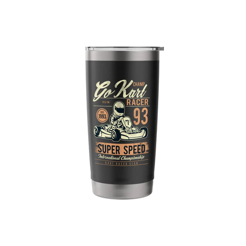 Stainless steel tumbler featuring go-kart racer design and text "Super Speed" on black background.