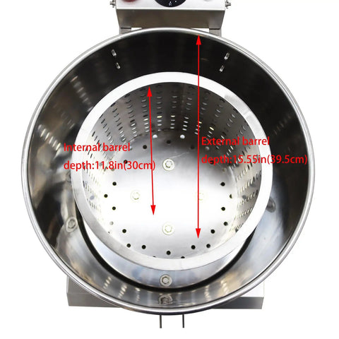No Sweat Commercial Electric Salad Dryer And Heavy Duty Salad Spinner For Restaurants Built From Top Tier Stainless Steel, showing internal and external barrel depths.