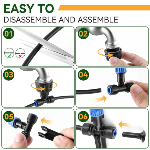 Steps to assemble 65 Feet Greenhouse Watering System with Adjustable Misting Nozzles, Quick Connect Two Way Faucet Adapter
