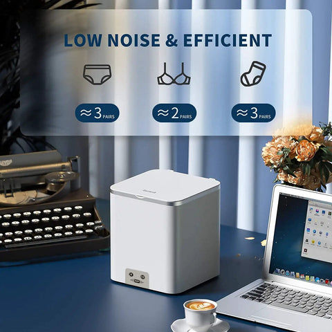 Portable Ultrasonic Washing Machine Mini Underwear Washer Compact Laundry Device With USB Power on desk with laptop