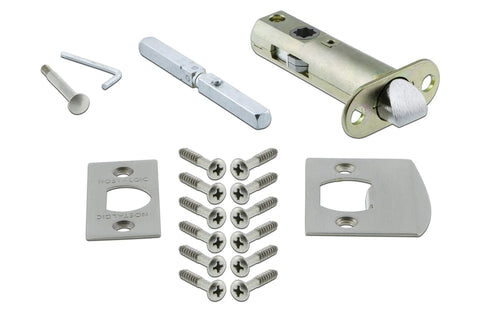 Old School Egg and Dart Plate With Waldorf Crystal Knob Privacy Door Hardware Set Satin Nickel Finish components layout