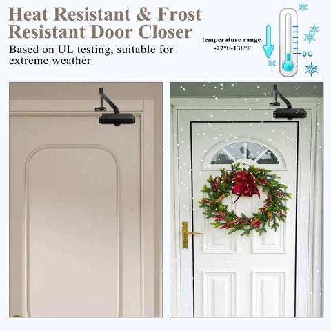 Built Tough Grade 2 Automatic Door Closer Providing Heavy Duty Hydraulic Power And Easy Size 3 Adjustment For Rock Solid Residential And Commercial Applications Available In Matte Black on an entrance door during winter.
