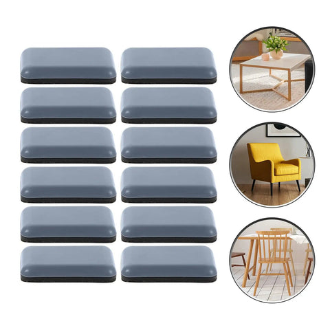 12 Pack PTFE Furniture Sliders For Chairs And Stools With Adhesive Pads shown with chairs and table in background.