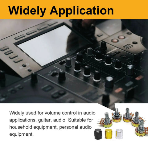 80 Piece Potentiometer Kit With WH148 3 Pin 15mm Potentiometers In B5K B10K B20K B50K And B100K displayed with audio mixer
