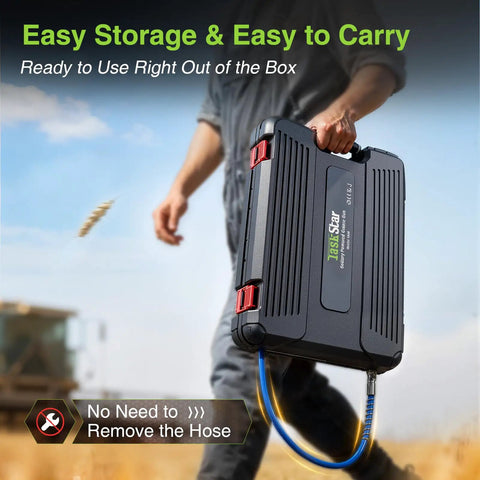 Person carrying Electric Grease Gun Kit With Quick Release Coupler Battery Powered Two Batteries And Charger in black case