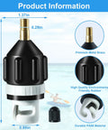 2 Pack Inflatable Boat And Paddleboard Pump Adapter Set with dimensions and material details on a beach background