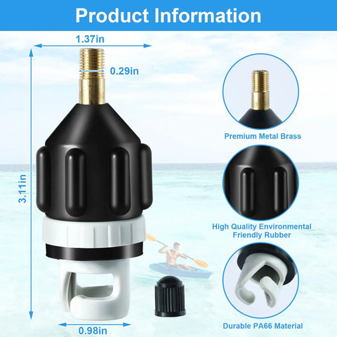 2 Pack Inflatable Boat And Paddleboard Pump Adapter Set with dimensions and material details on a beach background