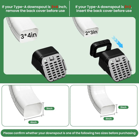 2 Pack No Sweat Heavy Duty Gutter Downspout Guards Fits 2X3 And 3X4 Type A Pipes showing size compatibility and installation instructions.