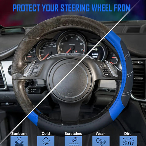 Slick Microfiber Leather Steering Wheel Cover Universal 14.5 To 15 Inch on a steering wheel, showing protection from cold and sun.