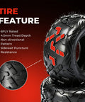 Go Kart Tire Set 145 70 6 14x6 6 Ply Tubeless Big Horn Tread For Coleman CC100X CT100U Beefy Durable Non Directional Heavy Duty Replacement Go Kart Tires Set Of 2, showcasing tread pattern and features on a red background.