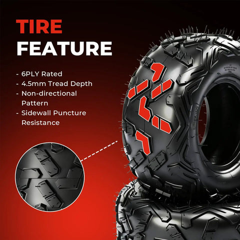 Go Kart Tire Set 145 70 6 14x6 6 Ply Tubeless Big Horn Tread For Coleman CC100X CT100U Beefy Durable Non Directional Heavy Duty Replacement Go Kart Tires Set Of 2, showcasing tread pattern and features on a red background.