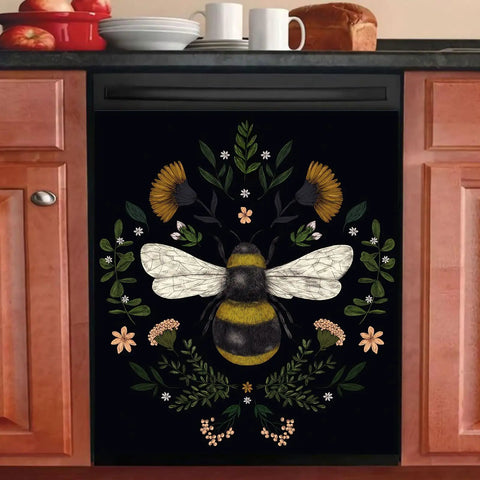 Autumn Bee Dishwasher Cover Magnetic Sticker 23x26 Inch Floral Flower Wasp Decor For Magnetic Panels Kitchen Makeover