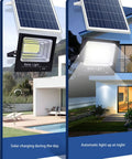 JUDYSSY Solar Remote Control Reflector Led Street Lamp,25W showing solar panel and spotlight illuminating a home at night.