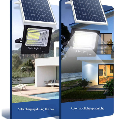 JUDYSSY Solar Remote Control Reflector Led Street Lamp,25W showing solar panel and spotlight illuminating a home at night.