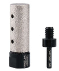 Diamond-coated finger bit by DKTDBT with 20mm head and 5/8-11 to 3/8 hex shank adapter (front view)