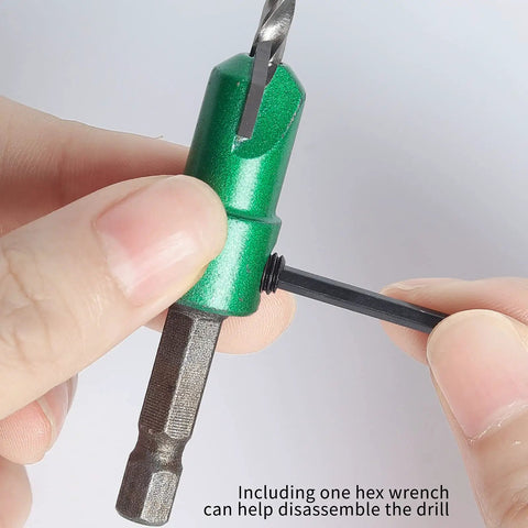 Pro Grade Countersink Drill Bit Set For Wood 5 Piece Includes Sizes 4, 6, 8, 10, 12 High Speed Steel with hex key wrench in use