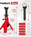 3 Ton Adjustable Auto Floor Jack Stands With Double Locking And Large Foot Base For Lifting SUVs, shown with dimensions