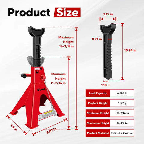 3 Ton Adjustable Auto Floor Jack Stands With Double Locking And Large Foot Base For Lifting SUVs, shown with dimensions