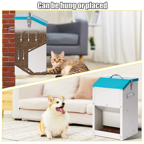 No Sweat Automatic Dog And Cat Feeder With 14 Liter Gravity Stand for reliable outdoor dry food dispenser, shown hung and placed.