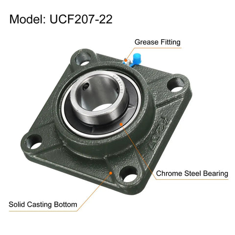 Two Pack UCF207-22 Pillow Block Bearings With 1 3 Eighths Inch Bore Self Alignment, Solid Cast Iron Base, Square Flange Mounted, Chrome Steel Bearings, Beefy Heavy Duty Build, Includes Four Screws and Two Wrenches. Model UCF207-22 bearing with grease fitting and solid cast iron base