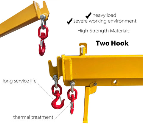 Close-up of Heavy Hitter 6600Lb Telescopic Forklift Boom Attachment with dual red hooks and strong steel build for heavy loads.