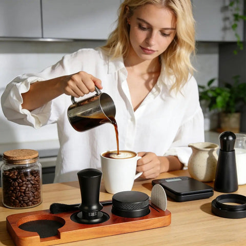 Straight Up Perfect Espresso Tamper Kit With Coffee Grounds Distributor, Precision Tamping Station For Consistent Pressure in use on a kitchen counter.