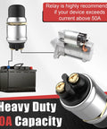Diagram showcasing Heavy Duty 12V 50A Push Button Starter Switch Two Pack with engine, battery connections, and notes on relay use.