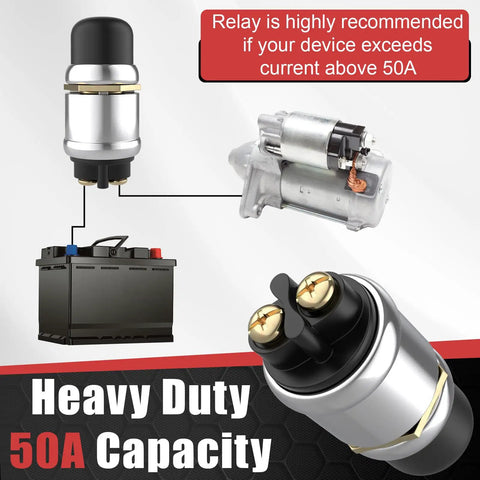 Diagram showcasing Heavy Duty 12V 50A Push Button Starter Switch Two Pack with engine, battery connections, and notes on relay use.