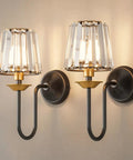 Black And Gold Crystal Wireless Rechargeable Wall Sconces Set Of Two Remote Dimmable 3Cct Bedroom Living Room Decor with K9 crystal shades.