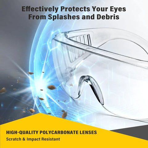 Six Pack Of Crystal Clear Safety Glasses Over Eyeglasses With Kickass Impact Resistant Polycarbonate Lenses, No Sweat ANSI Z87.1 showing clear goggles with scratch-resistant lenses.