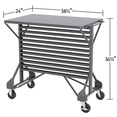Heavy Duty Steel Mobile Bin Cart Organizer With Powder Coated Worktop For Kickass Garage Organization Setup, 38x24x36, gray, rolling utility cart.