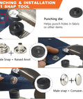 Marine Snap Fasteners Kit with 60 stainless steel 15mm snaps and pliers demonstrating installation steps with die holder.