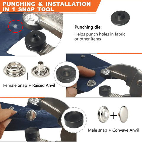 Marine Snap Fasteners Kit with 60 stainless steel 15mm snaps and pliers demonstrating installation steps with die holder.