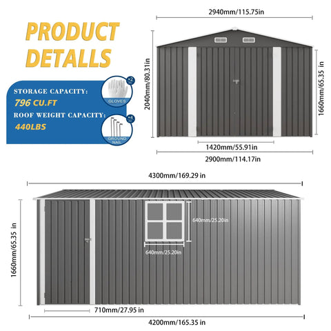 10x14 Foot Galvanized Steel Outdoor Storage Shed With Lockable Door And Window Waterproof Garden Tool Storage dimensions