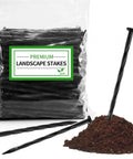 Heavy Duty 8 Inch Plastic Landscape Edging Spikes, 220 Pack, Rust Free Nylon Stakes shown with soil and packaging.