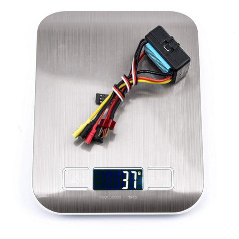 Waterproof 35A Brushless ESC for 1/14 to 1/18 RC cars on digital scale, shows 37 grams, supports 2-3S battery and 5V 2A BEC.