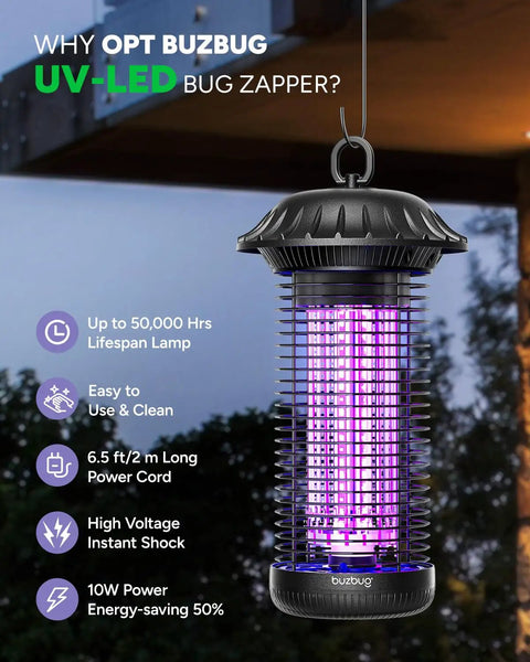 Led Bug Zapper For Indoor And Outdoor Use With Dual Band Attraction And Dual Color LEDs 365nm And 395nm hanging outdoors